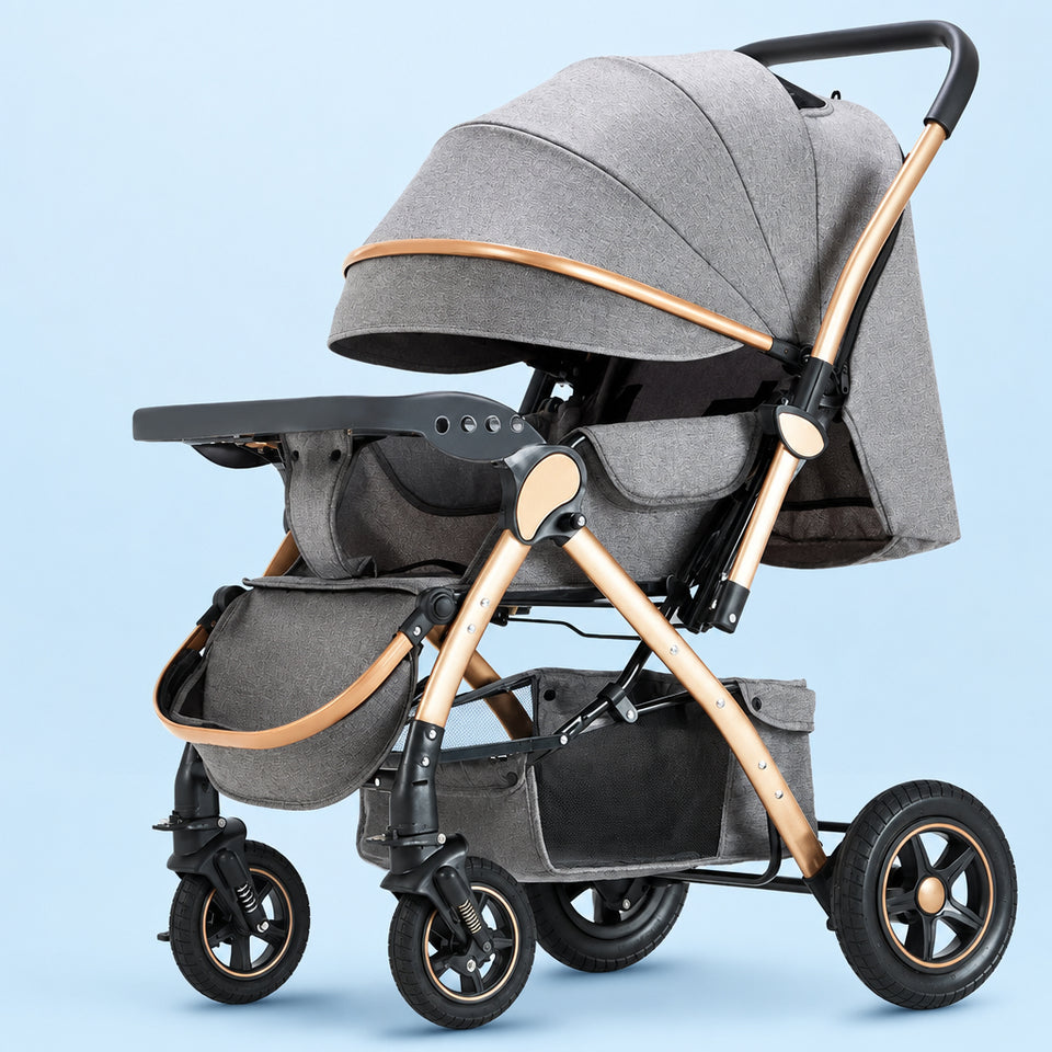 Close-up of four-wheel shock absorption system on smooth-riding baby stroller.