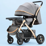 Close-up of four-wheel shock absorption system on smooth-riding baby stroller.
