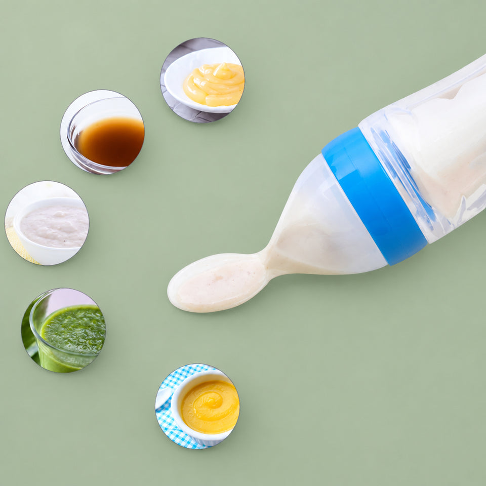 Disassembled BPA-free silicone feeder spoon bottle showcasing heat-resistant PP components.