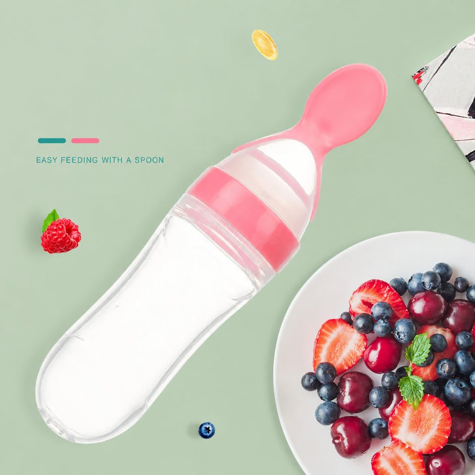2-in-1 silicone baby feeder spoon bottles lined up in pastel pink, yellow, green, blue, and white.