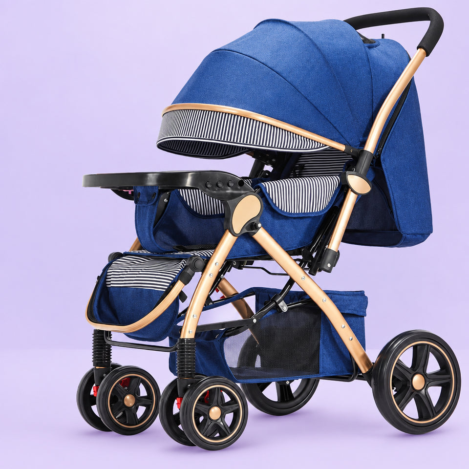 Adjustable lying and sitting positions on reversible stroller seat with wide tray.