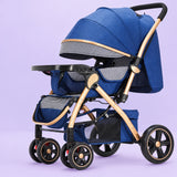 Adjustable lying and sitting positions on reversible stroller seat with wide tray.