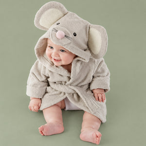 Baby wearing a soft organic cotton duck-themed hooded bath towel.